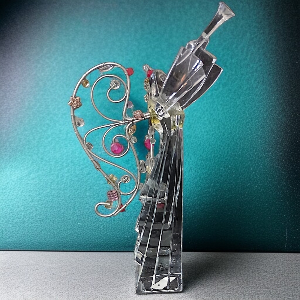 Clear‎ Acrylic Angel Figure Beaded Wings Playing Trumpet Christmas Vintage Ganz